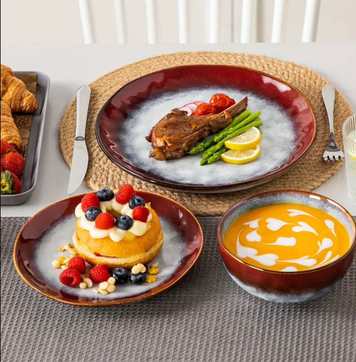 Rustic Red 12-Piece Stoneware Dinner Set – Elegant Everyday Dinnerware for 4