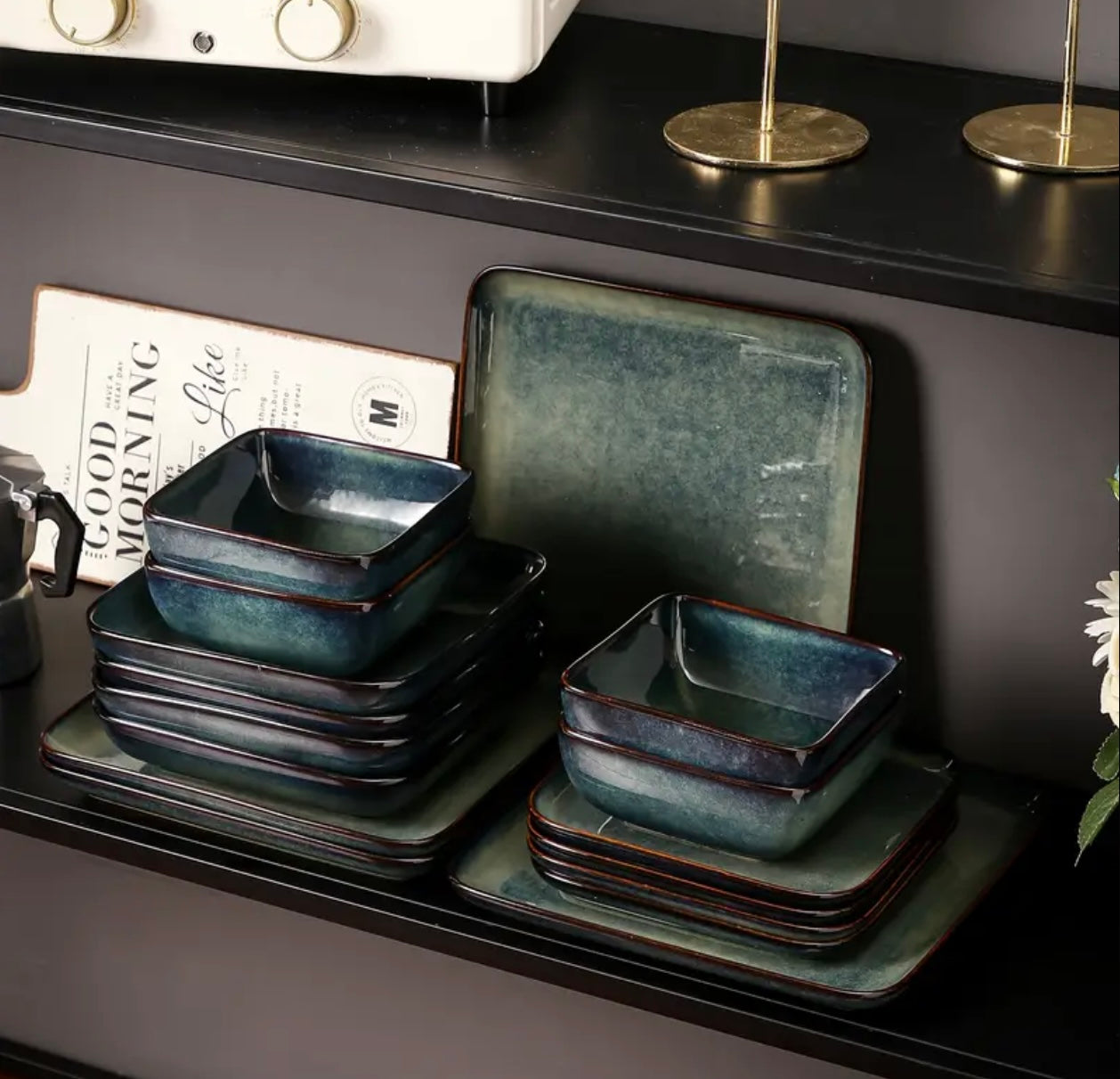 16-Piece Stoneware Dinnerware Set – Modern Square Plates & Bowls | Dishwasher & Microwave Safe Tableware