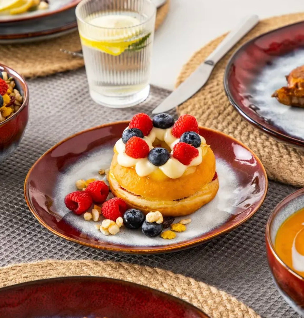 Rustic Red 12-Piece Stoneware Dinner Set – Elegant Everyday Dinnerware for 4