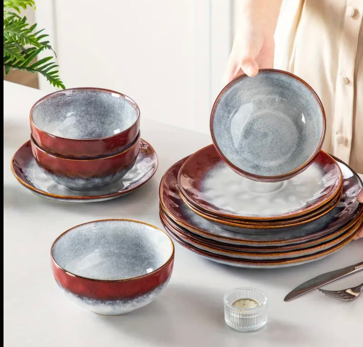 Rustic Red 12-Piece Stoneware Dinner Set – Elegant Everyday Dinnerware for 4