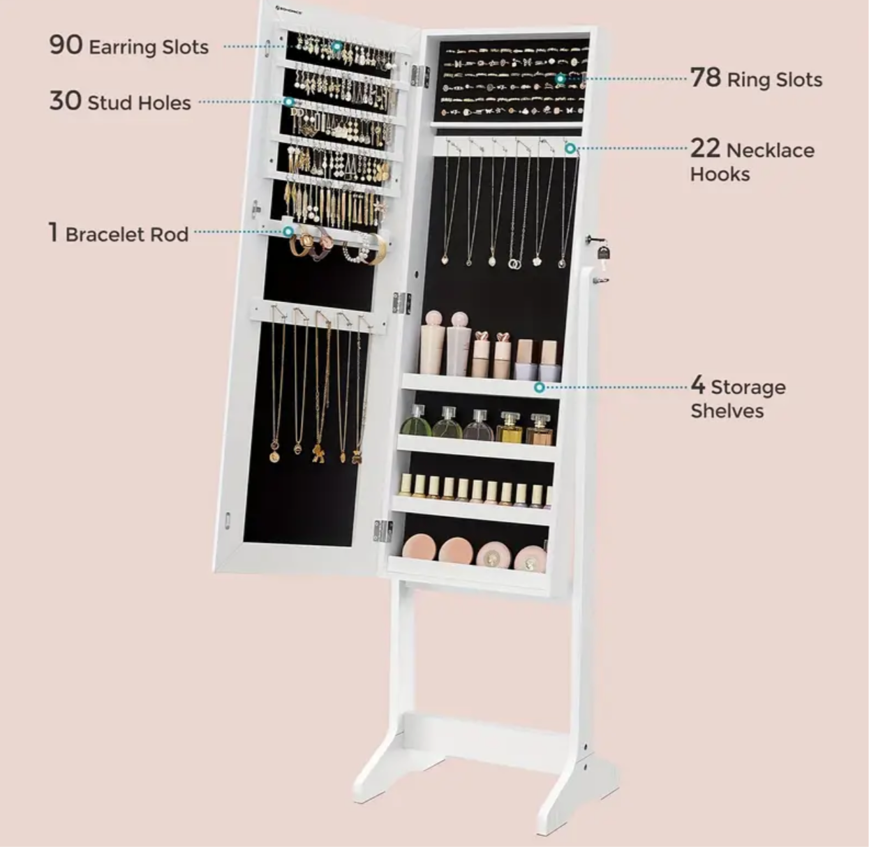 Mirror with jewelery and make up storage