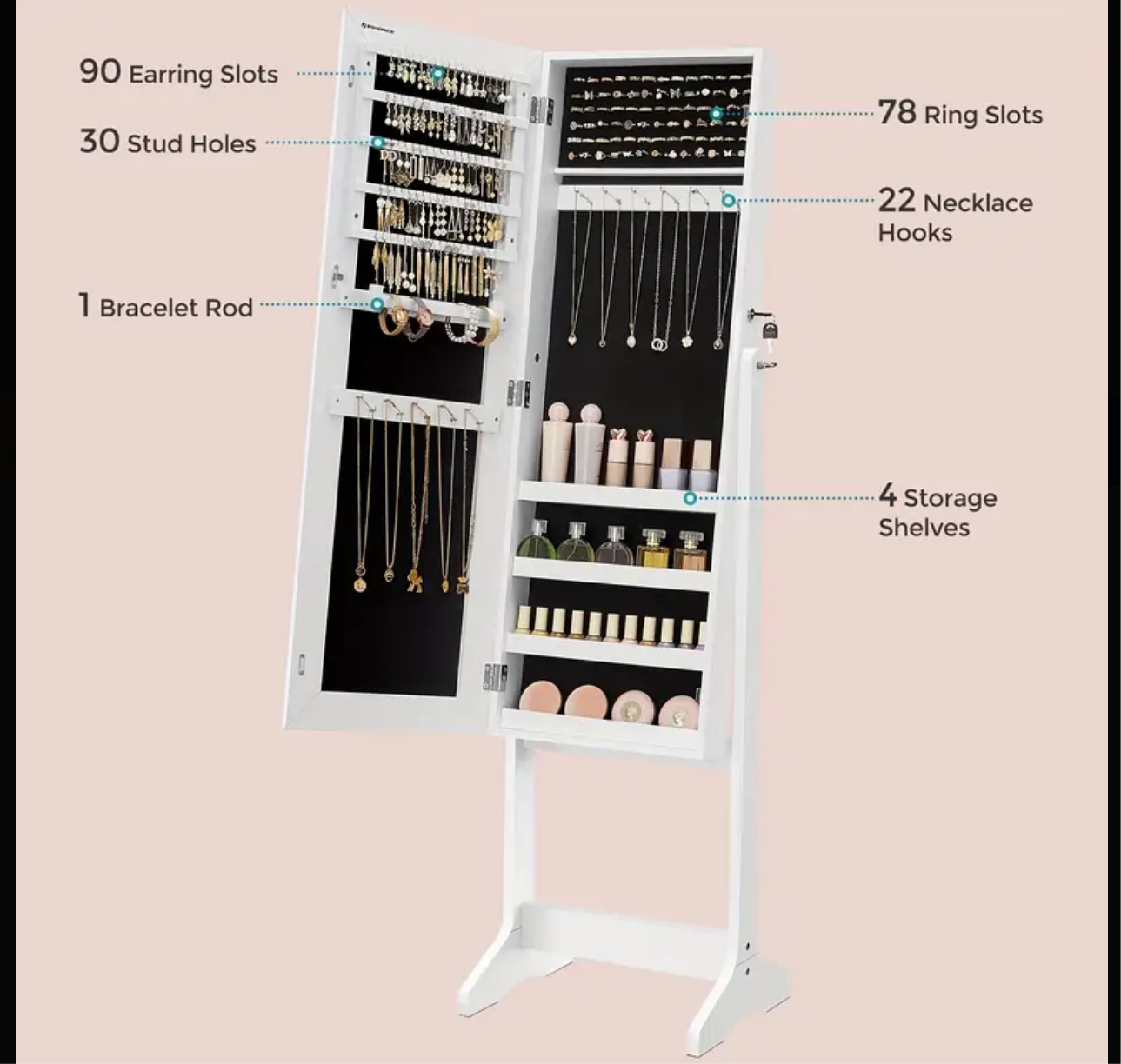 Mirror with jewelery and make up storage