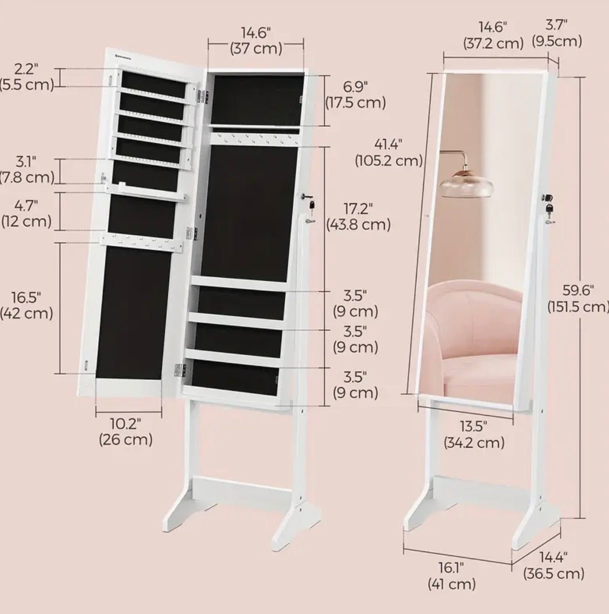 Mirror with jewelery and make up storage