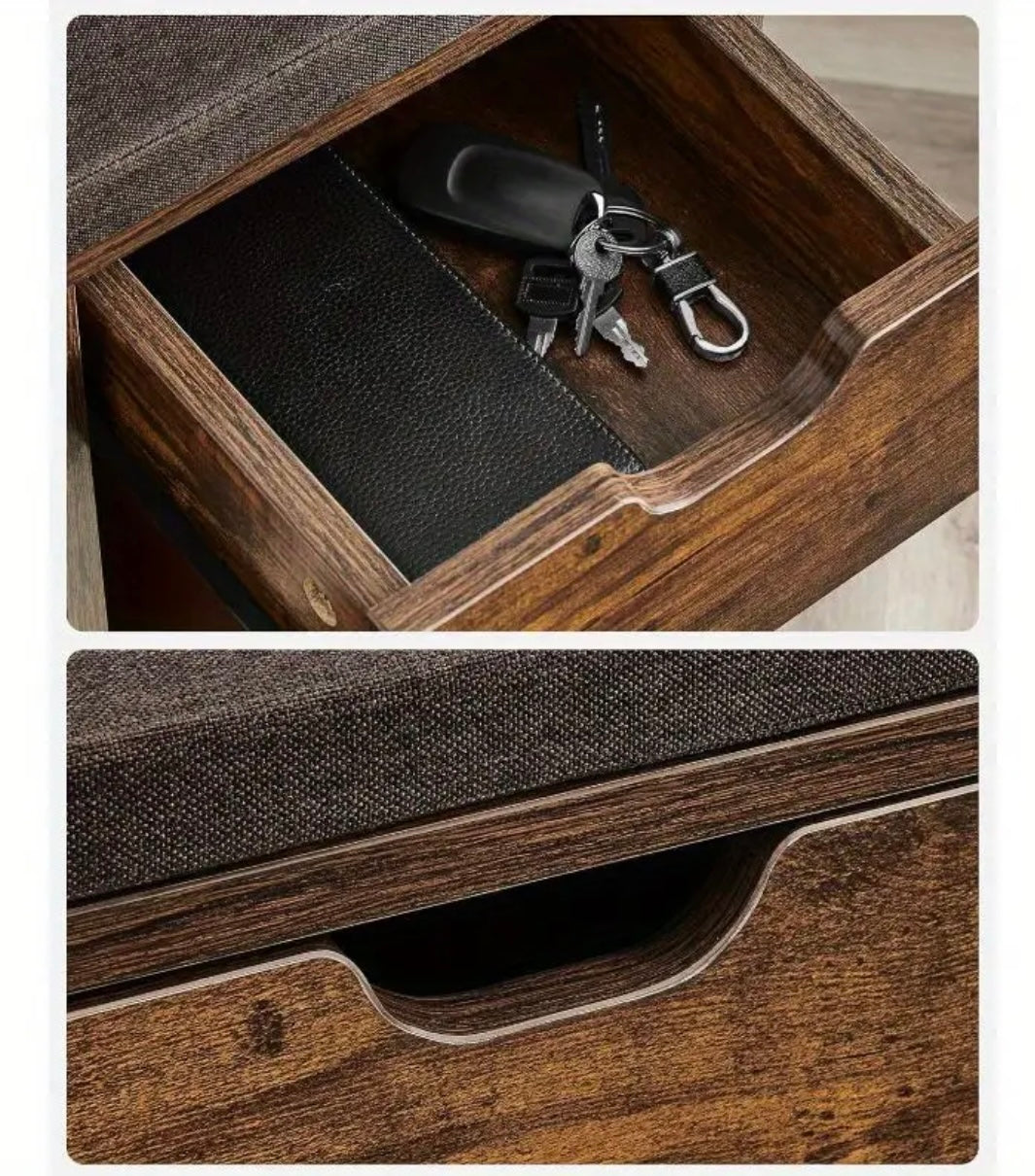 Hallway bench with shoe storage.