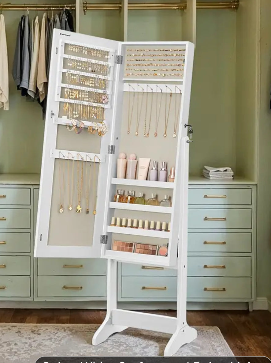 Mirror with jewelery and make up storage
