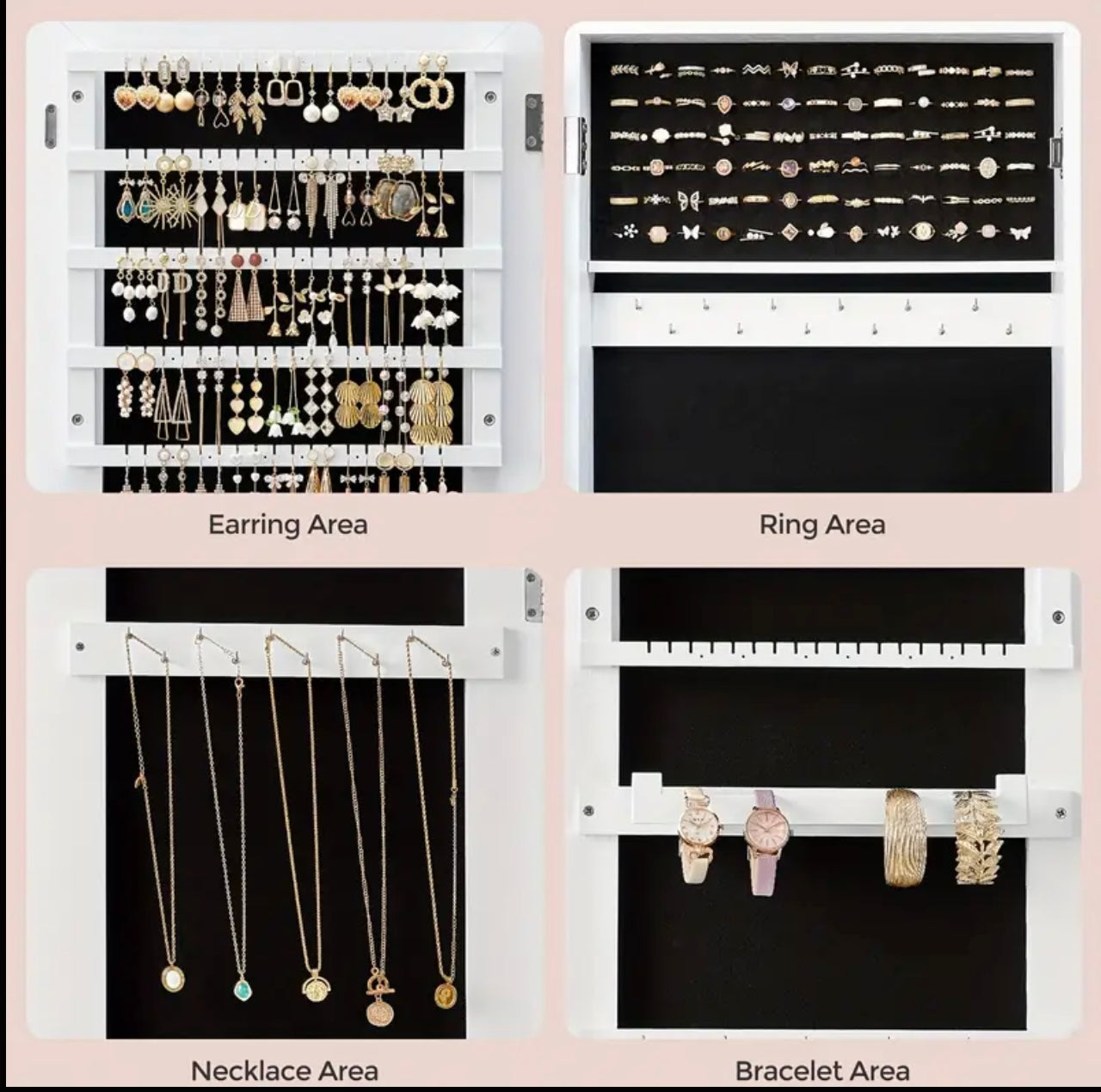 Mirror with jewelery and make up storage