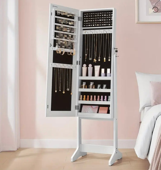 Mirror with jewelery and make up storage