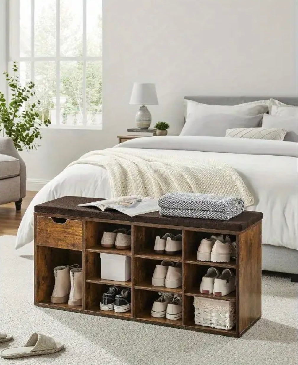 Hallway bench with shoe storage.